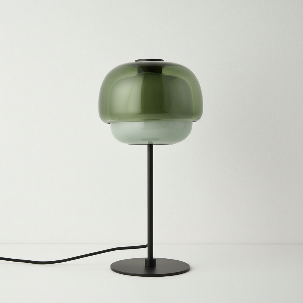 Green table lamp with a black base on a white background