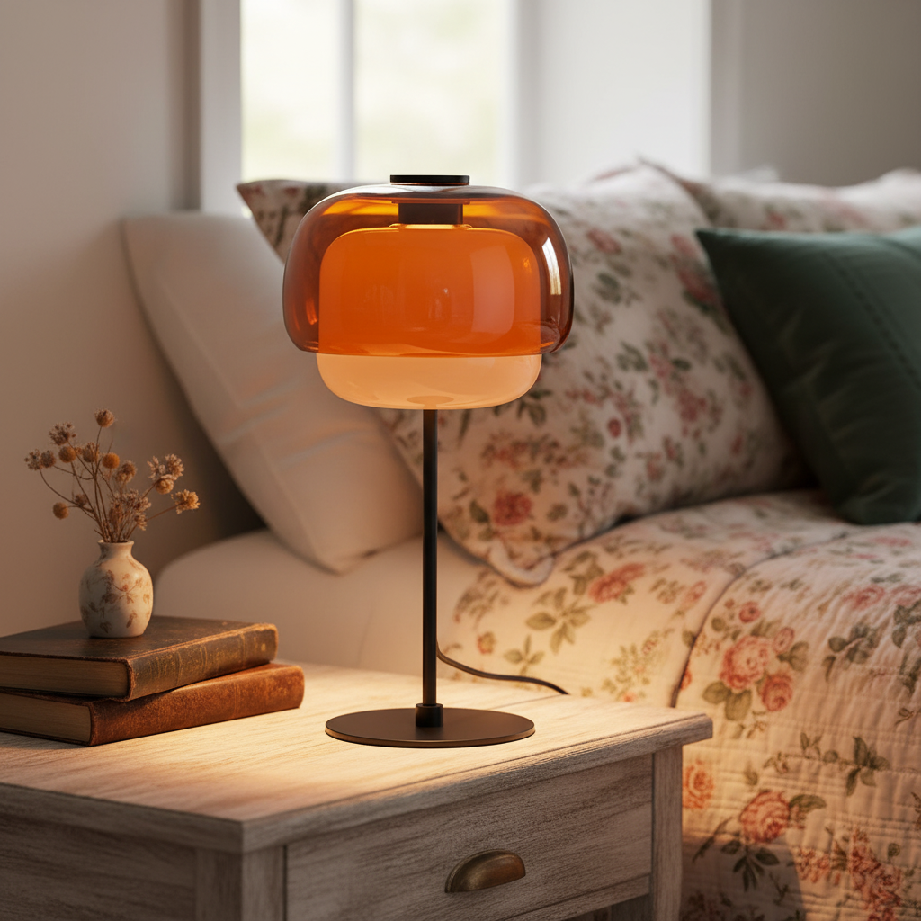 Table lamp with orange glass shade on a wooden side table in a cozy living room.
