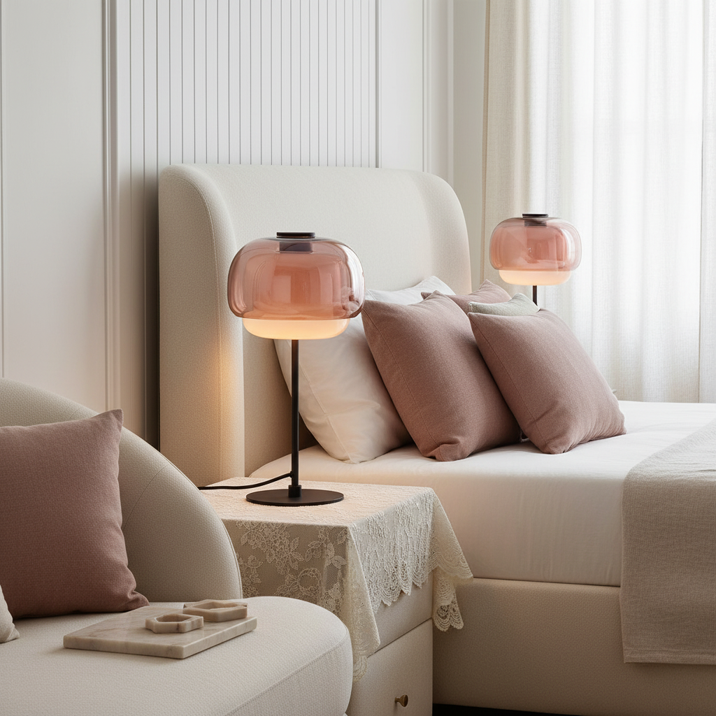 Modern bedroom with a bed, lamps, and decorative pillows.