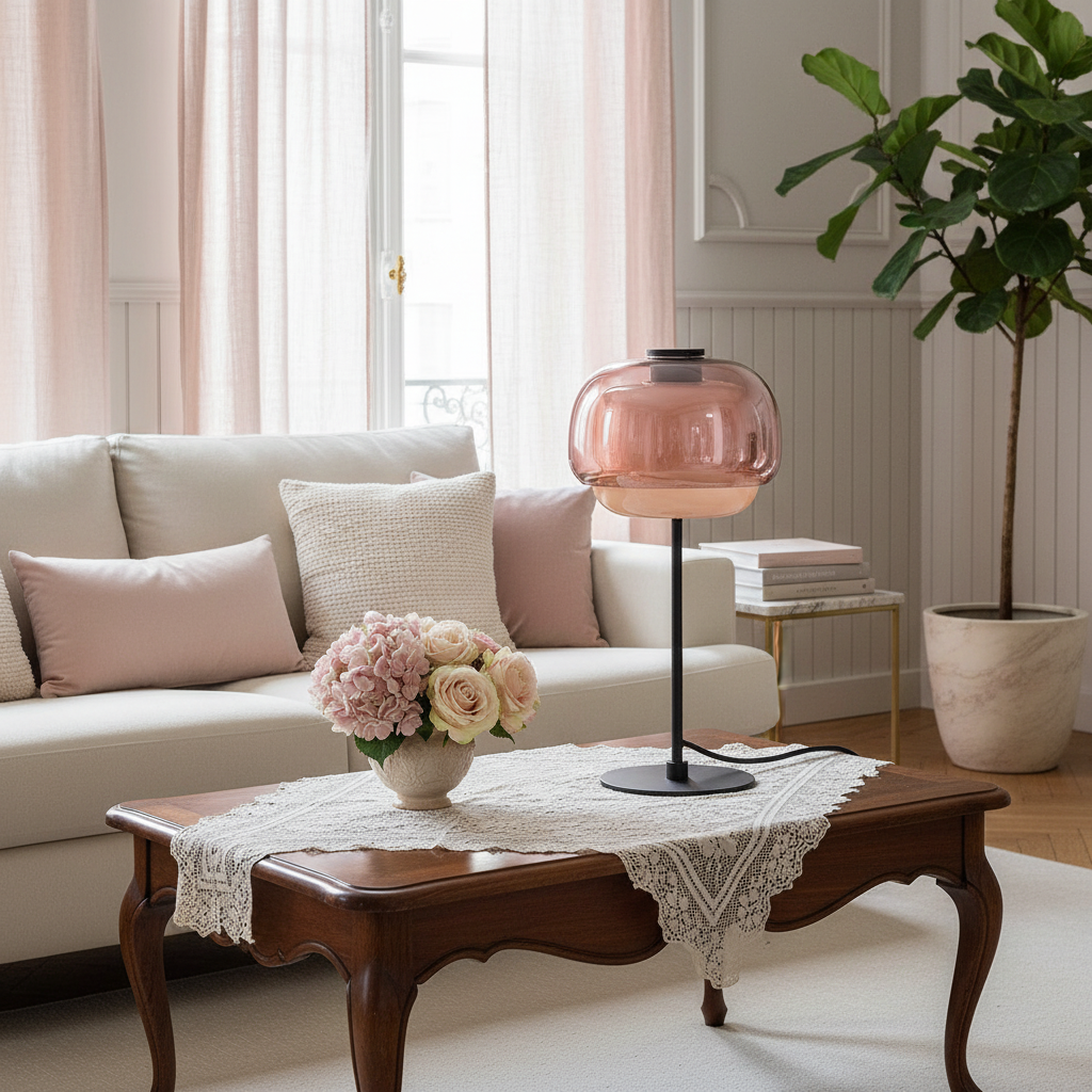 Living room with a pink lamp, flowers, and a beige sofa.