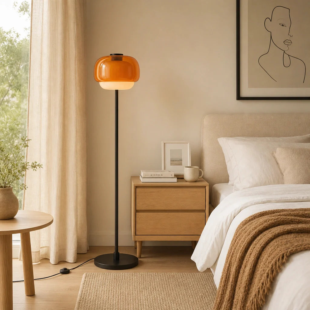 Modern bedroom with a tall floor lamp, bed, and side table.