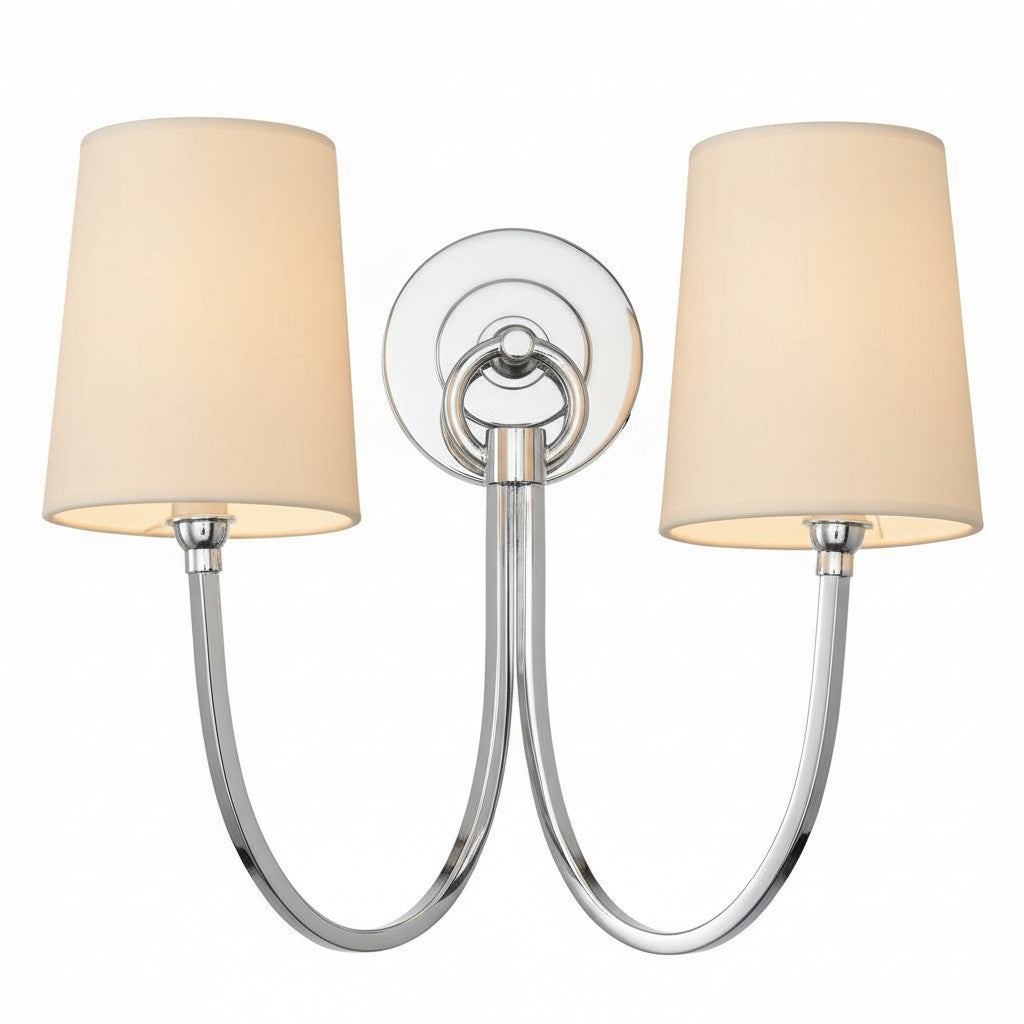 Double wall sconce with beige lampshades on a white background