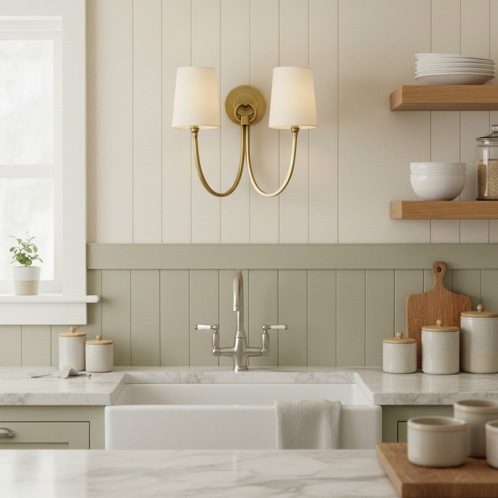 Modern kitchen with a sink, shelves, and decorative items.