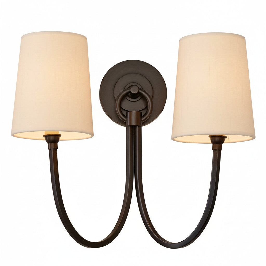 Double wall sconce with beige lampshades on a white background