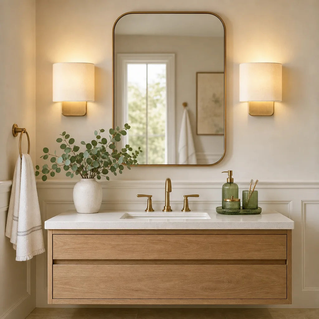 Bathroom vanity with wooden cabinet, marble countertop, and decorative elements.