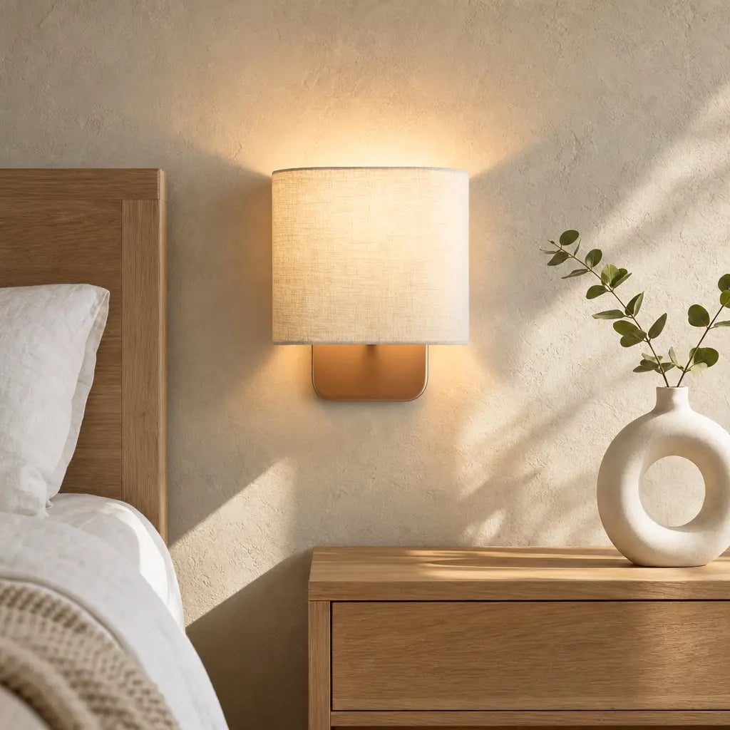 Bedroom scene with a wall-mounted lamp and a vase on a nightstand.
