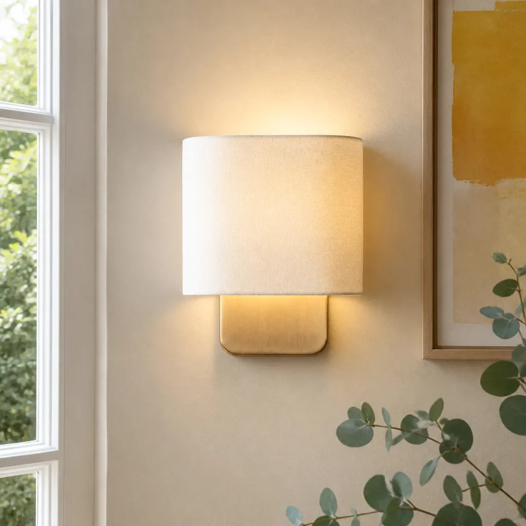 Wall-mounted lamp with a white shade and gold base on a wall next to a window and abstract art.