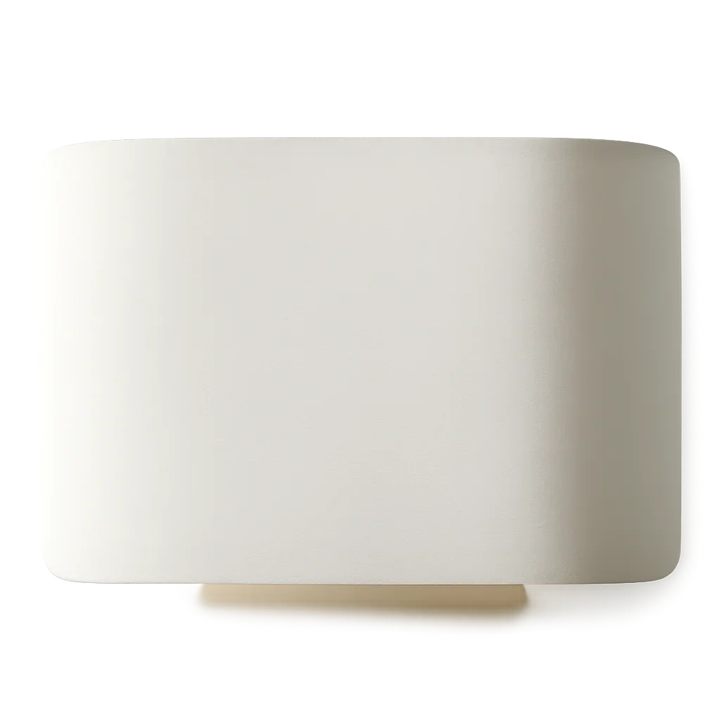 A minimalist rectangular wall sconce with a matte white shade and a small beige base, shown against a plain white background.