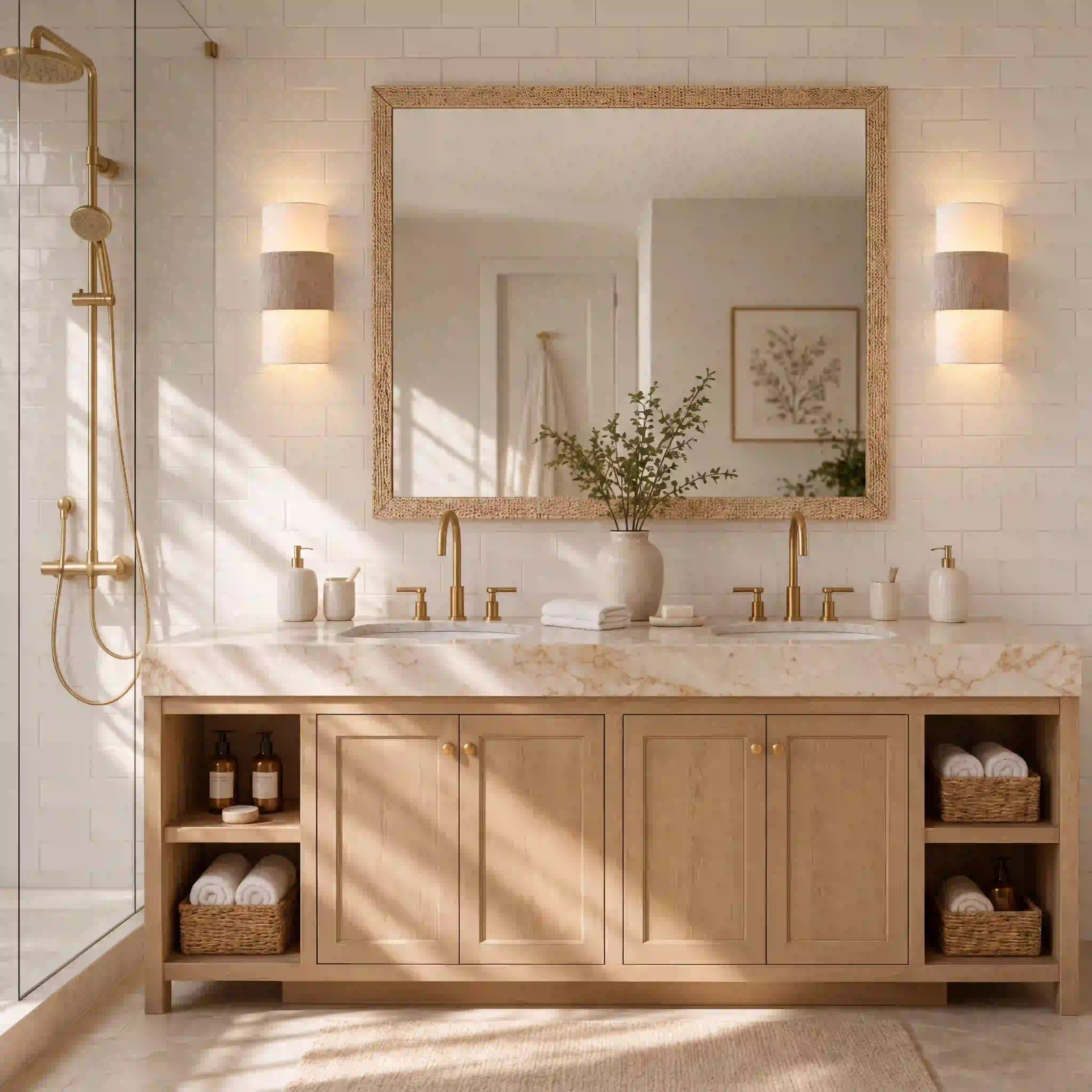 Bathroom with wooden vanity, large mirror, and decorative elements.
