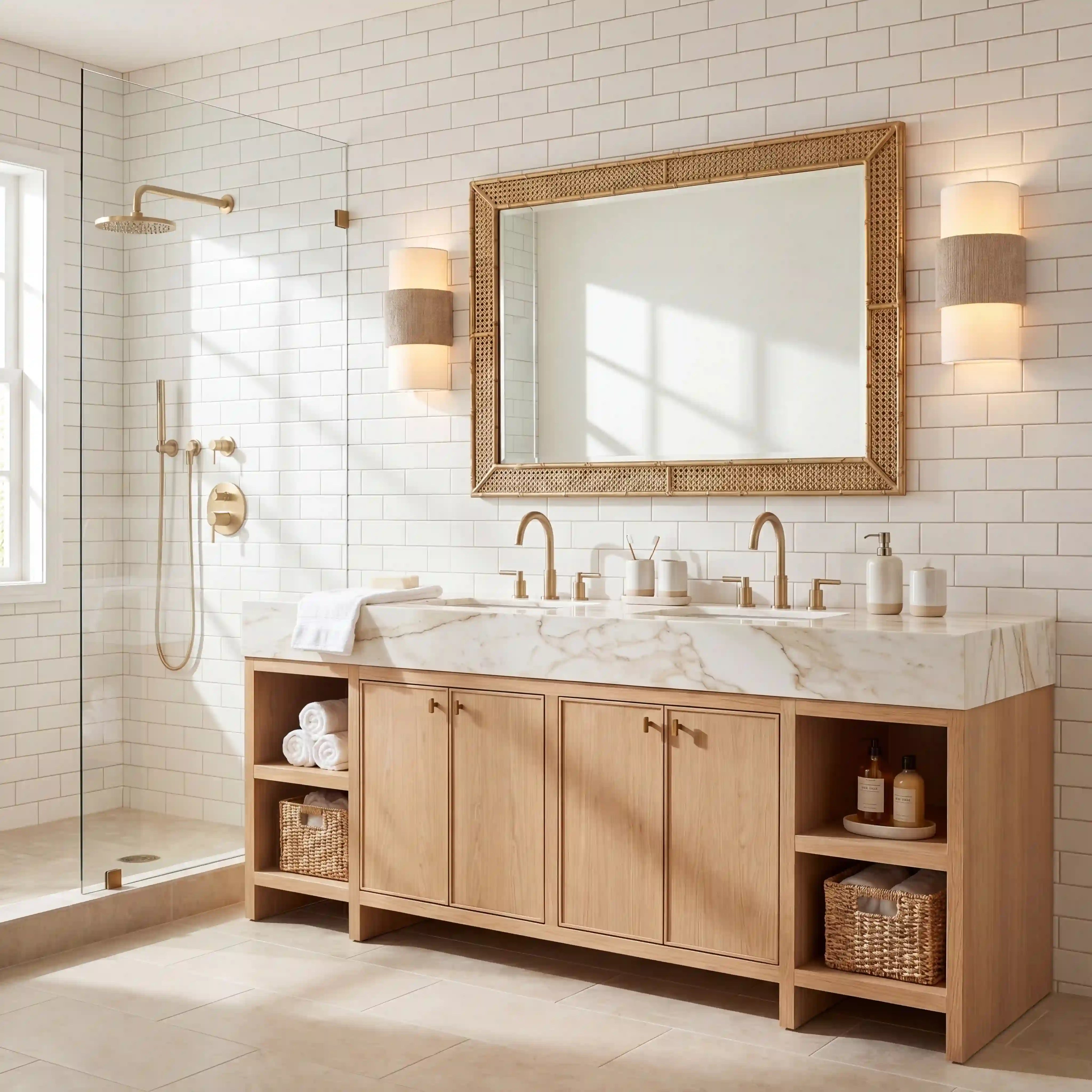 Bathroom with wooden vanity, marble countertop, and wicker mirror.