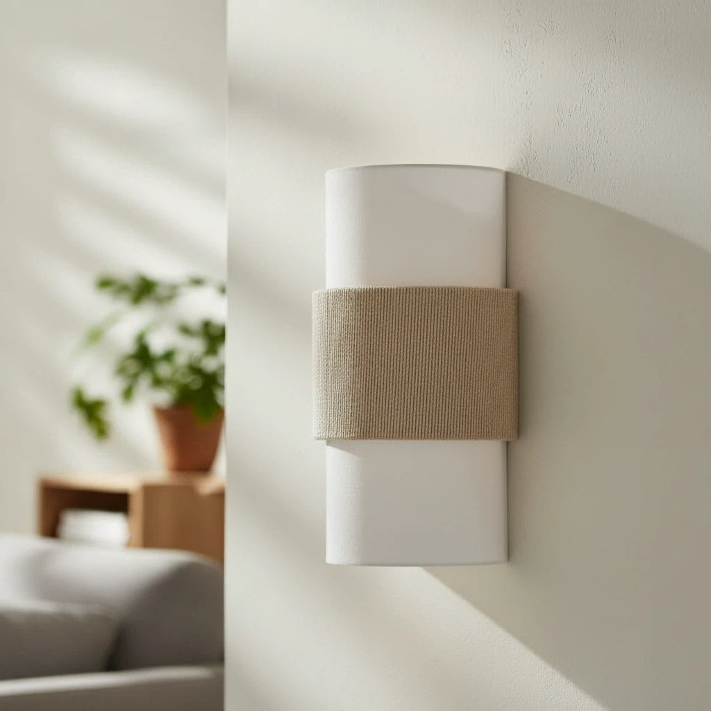 White wall-mounted light fixture with brown band on a neutral wall.