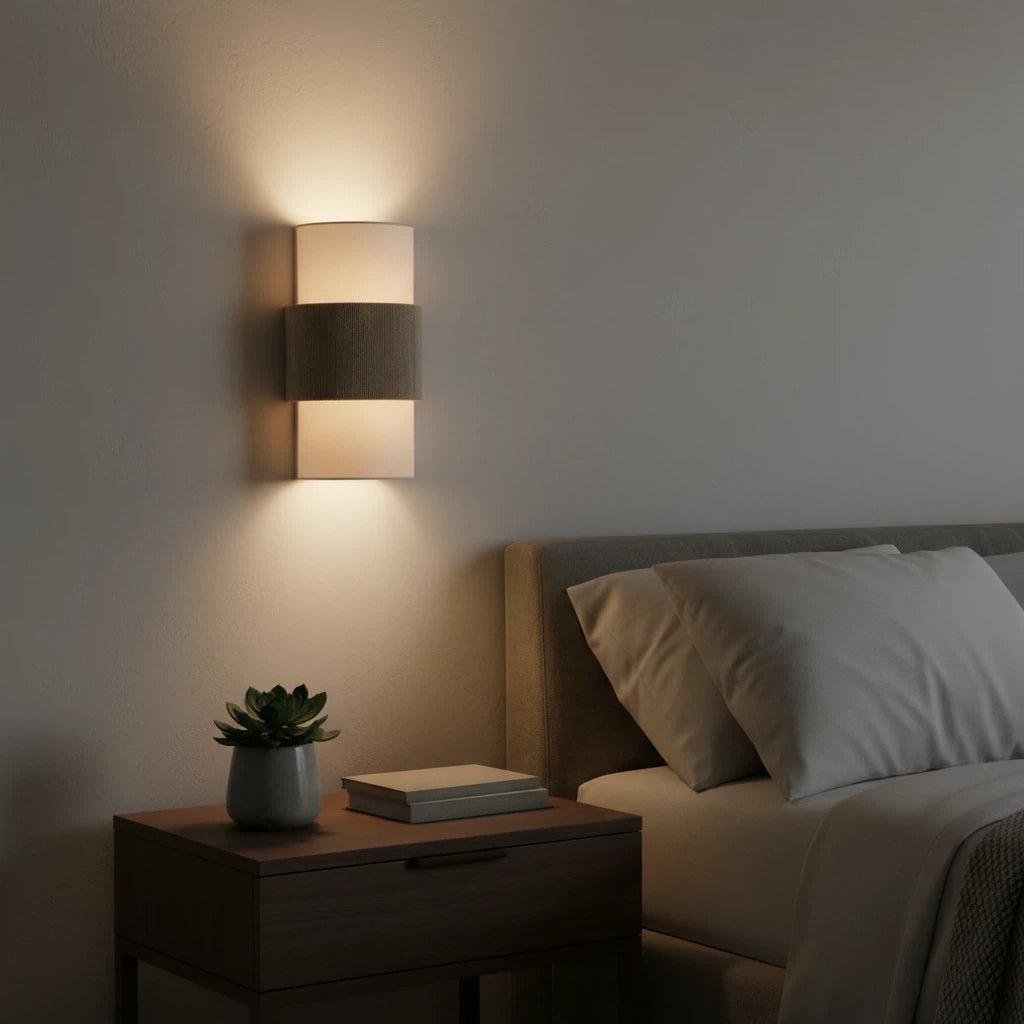 Bedroom with a bedside table, lamp, and bed with pillows.