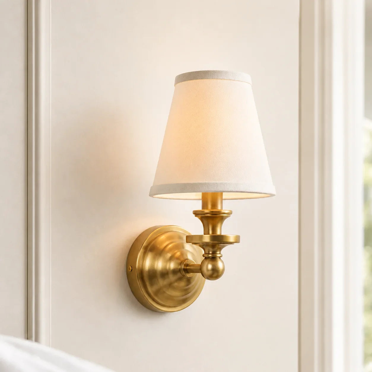 A wall-mounted sconce with a warm brass/gold metal wall plate and arm, featuring a tapered off-white fabric shade that glows with a soft warm light, shown mounted on a cream-colored paneled wall.
