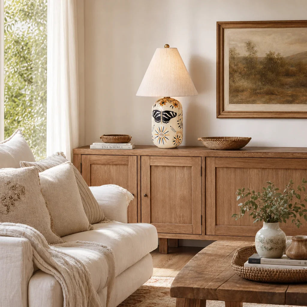 Living room with beige sofa, wooden sideboard, and decorative items.