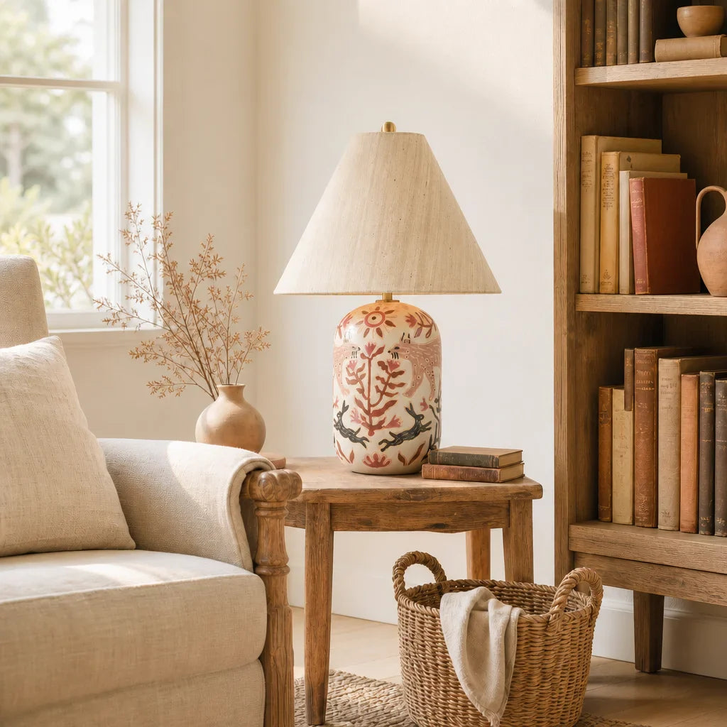 Living room with beige sofa, wooden side table with lamp, bookshelf, and decorative items.