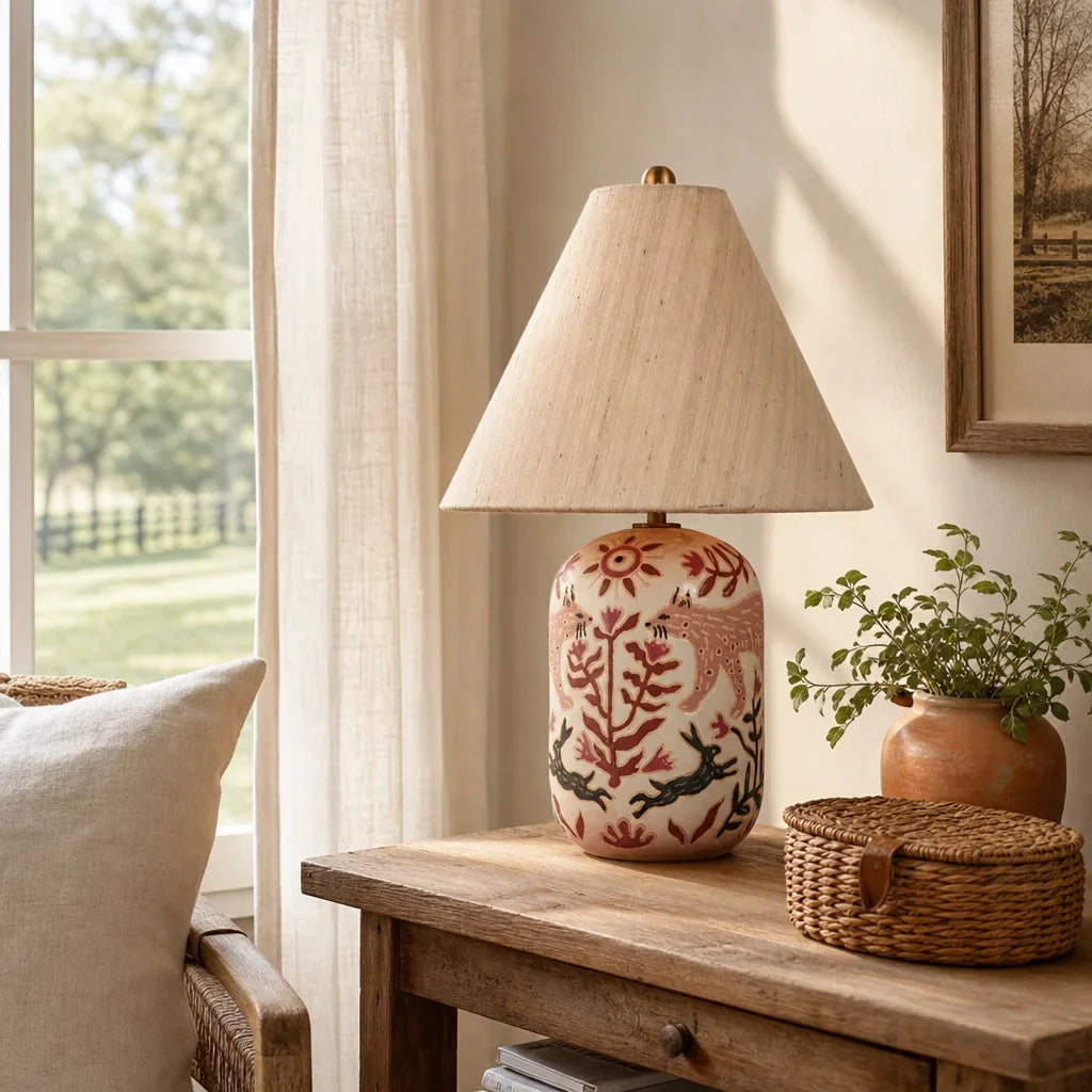 Decorative lamp with floral design on a wooden table by a window