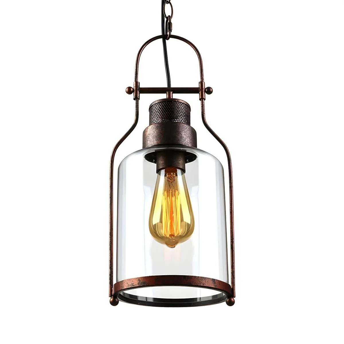 Vintage-style pendant light with clear glass shade and exposed bulb on a white background