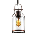 Vintage-style pendant light with clear glass shade and exposed bulb on a white background