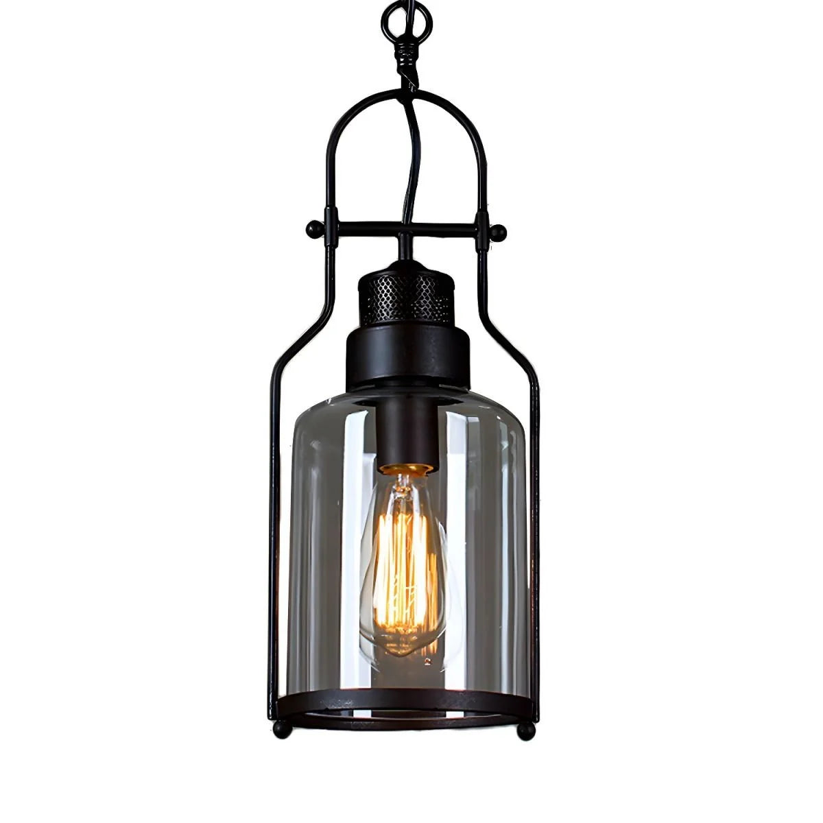 Vintage-style pendant light with clear glass shade and black metal fixture on a white background