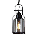 Vintage-style pendant light with clear glass shade and black metal fixture on a white background