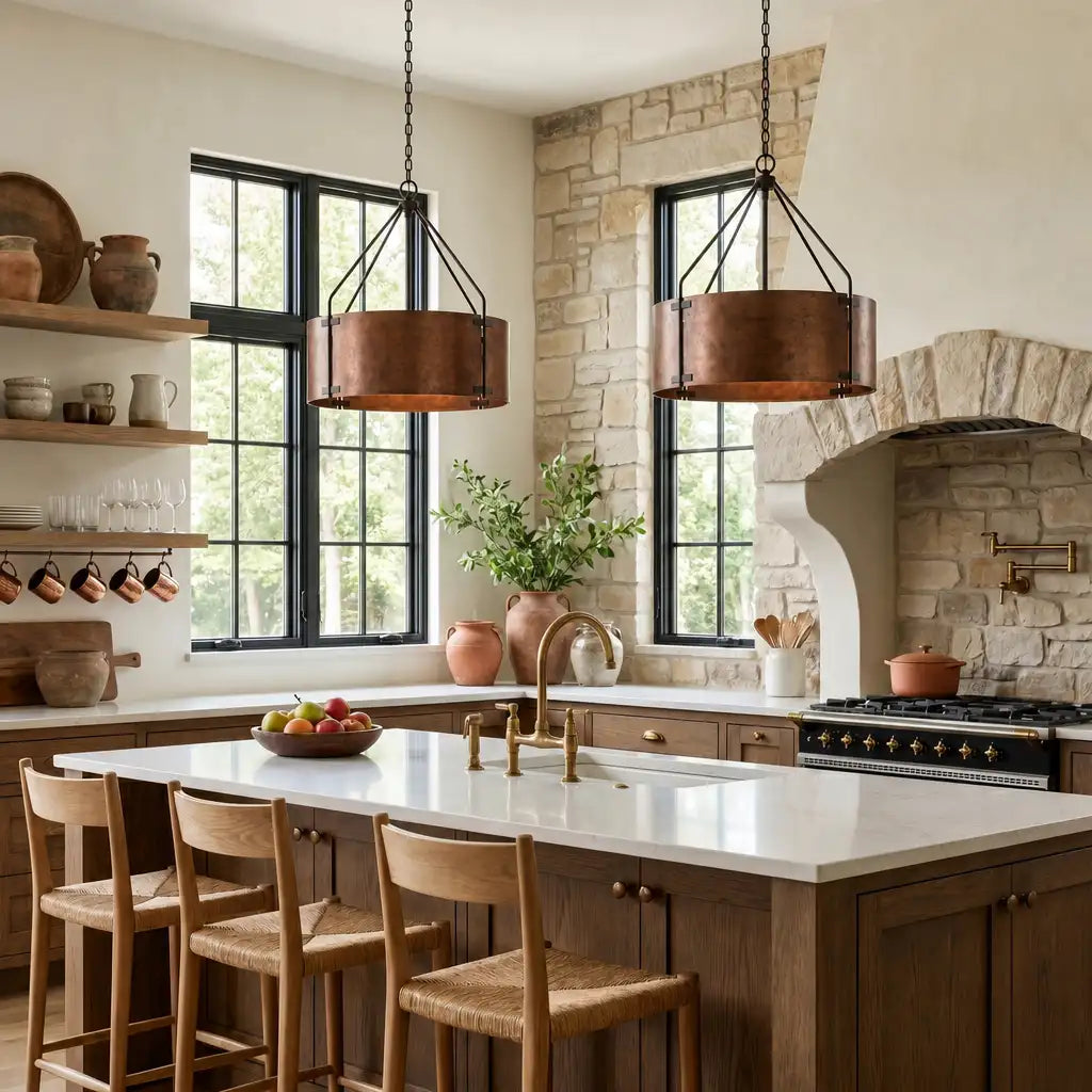 Modern kitchen with stone walls, wooden cabinets, and a white island.