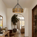 Living room with a pendant light, plant, and furniture.