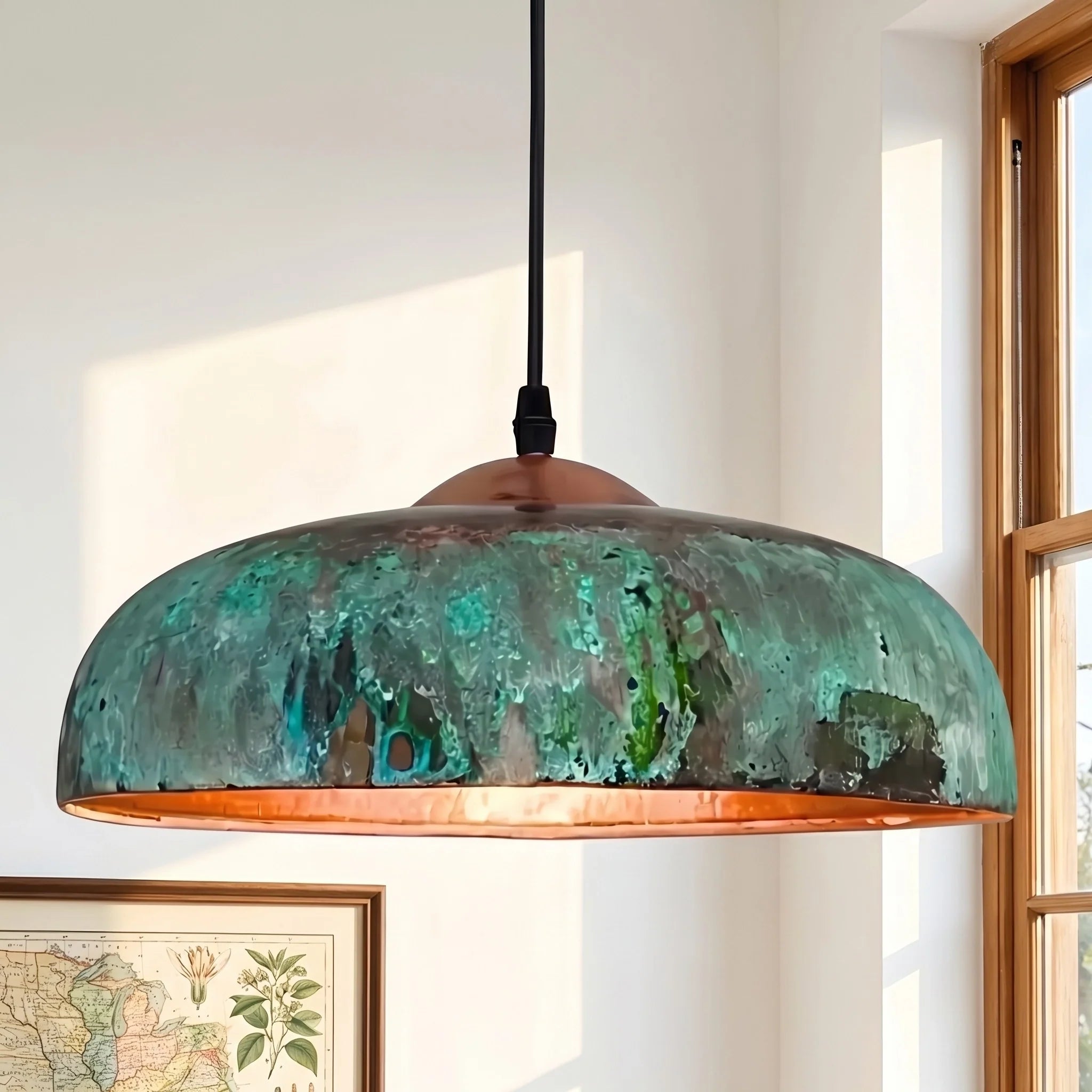 Decorative pendant light with a green and copper finish hanging in a room.