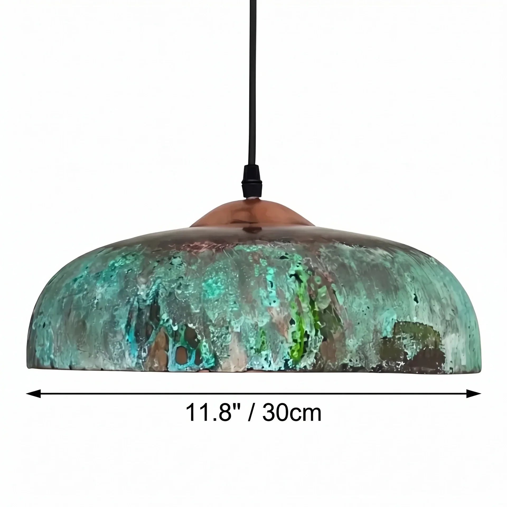 Vintage-style pendant light with a patinated finish, shown with dimensions on a white background.