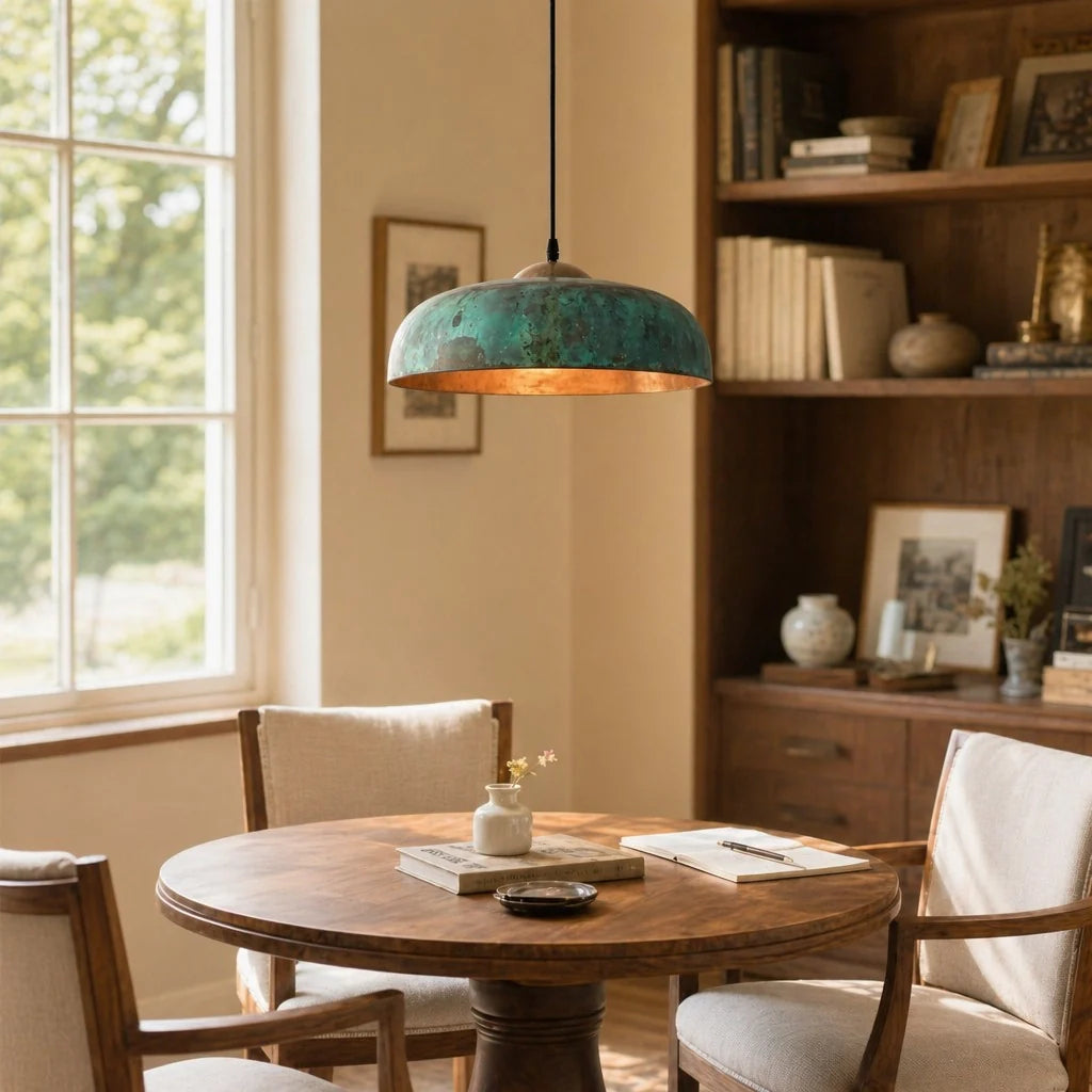 Dining room with wooden table, chairs, and a pendant light fixture.