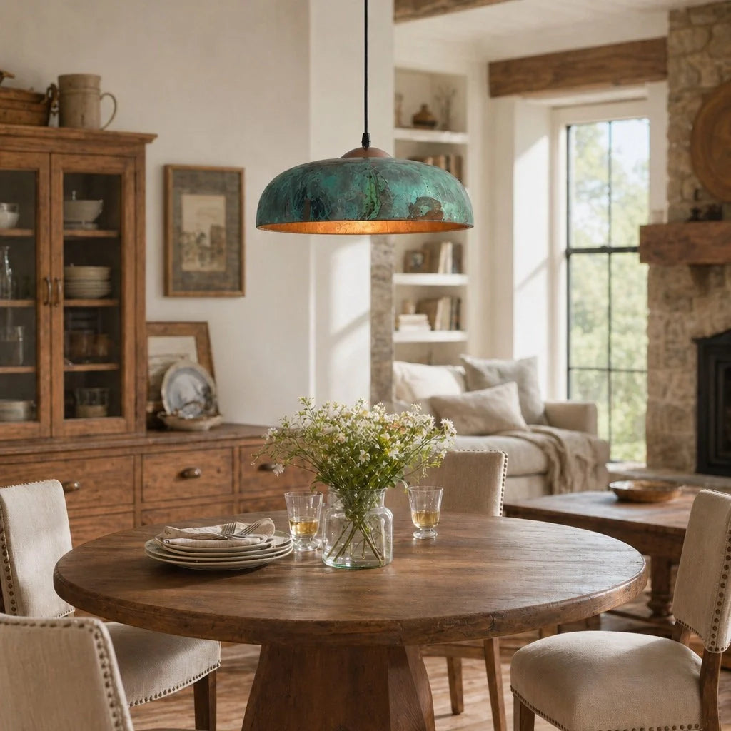 Dining room with wooden table, chairs, and a large window.