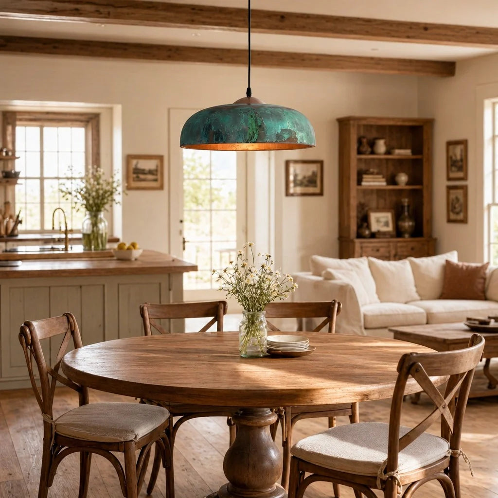 Dining room with wooden table and chairs, pendant light, and a view into a kitchen.
