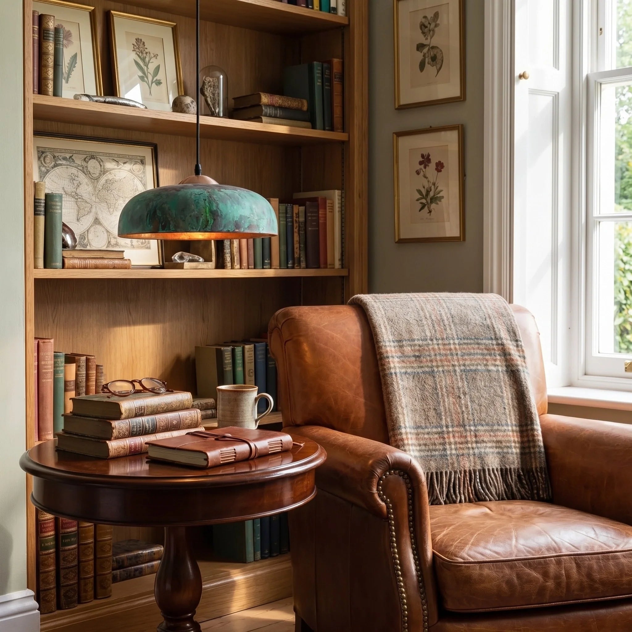 Cozy reading nook with leather armchair, bookshelf, and table.