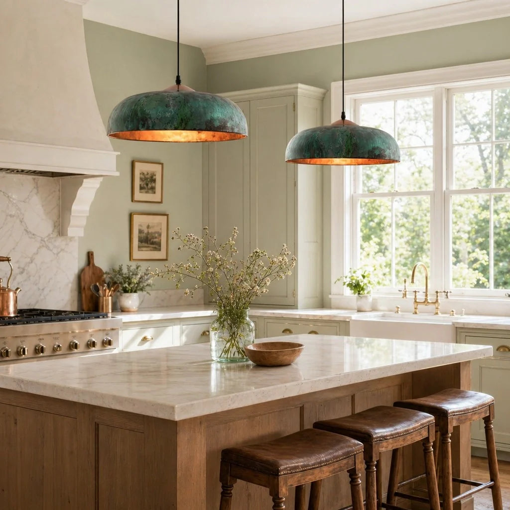 Modern kitchen with marble island, pendant lights, and wooden stools.