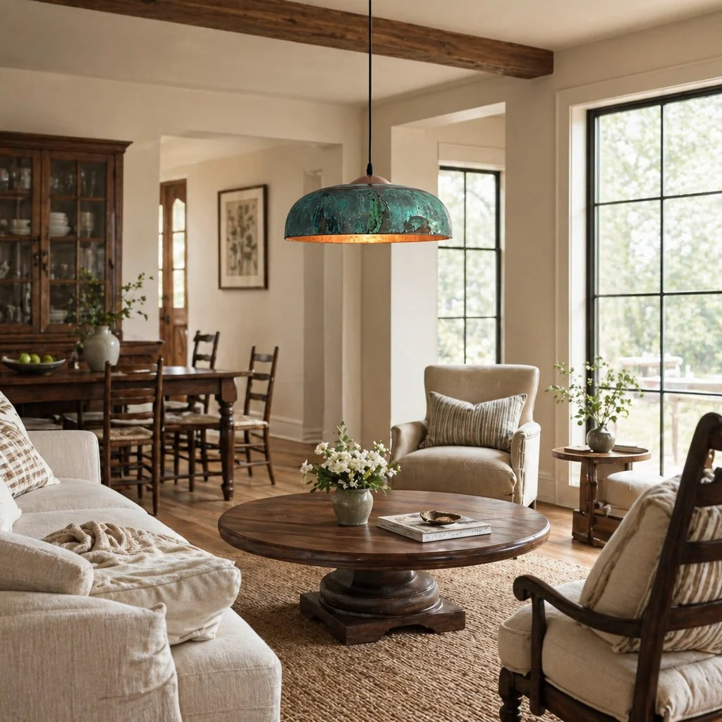 Living room with wooden table, chairs, and a large window.
