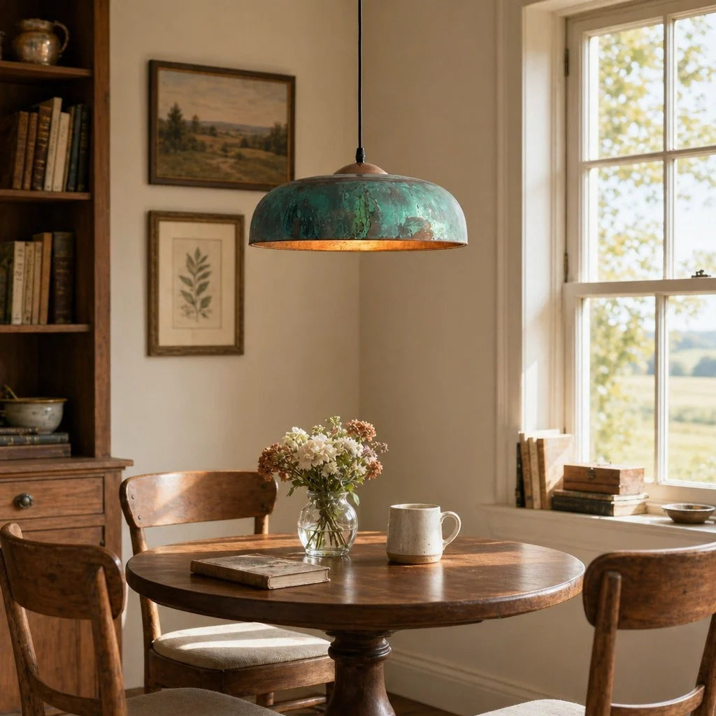 Dining room with wooden table, chairs, and a pendant light.