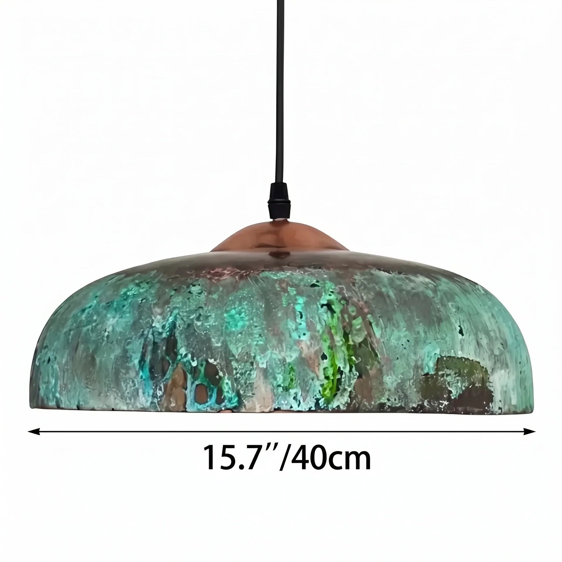Vintage-style pendant light with patina finish and dimensions on a white background