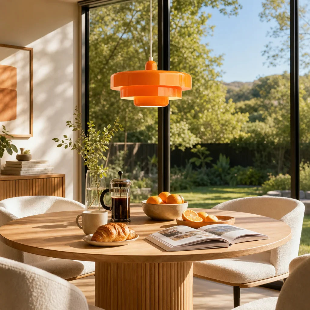 Round wooden table with coffee, croissant, and oranges in a room with large windows showing a garden view.