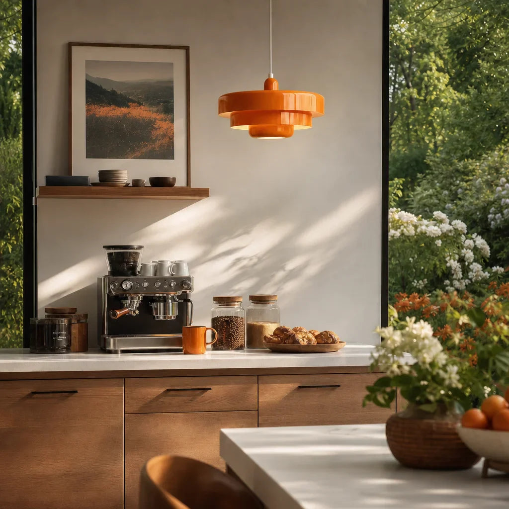 Modern kitchen with a coffee machine, orange pendant light, and outdoor view.