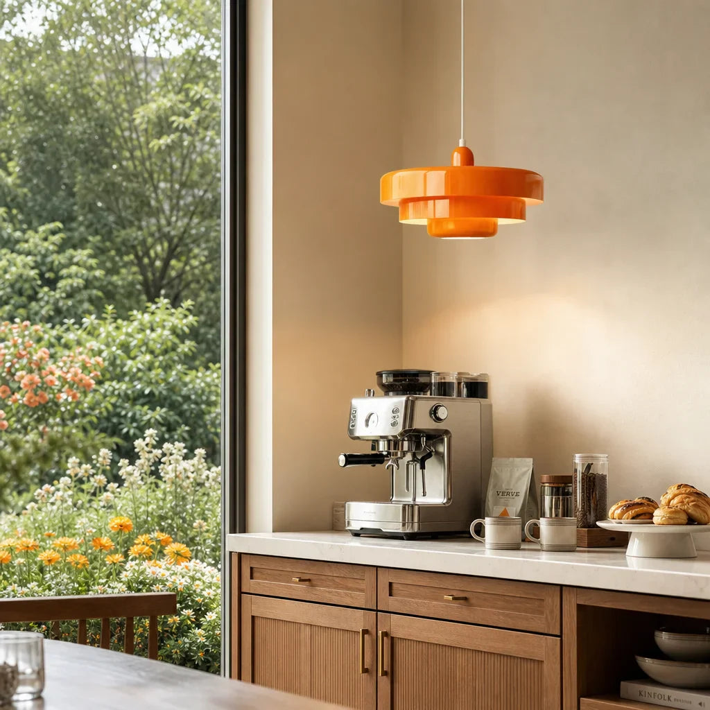 Modern kitchen with espresso machine, orange pendant light, and view of greenery outside.