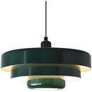 Modern pendant light with green and black design on a white background