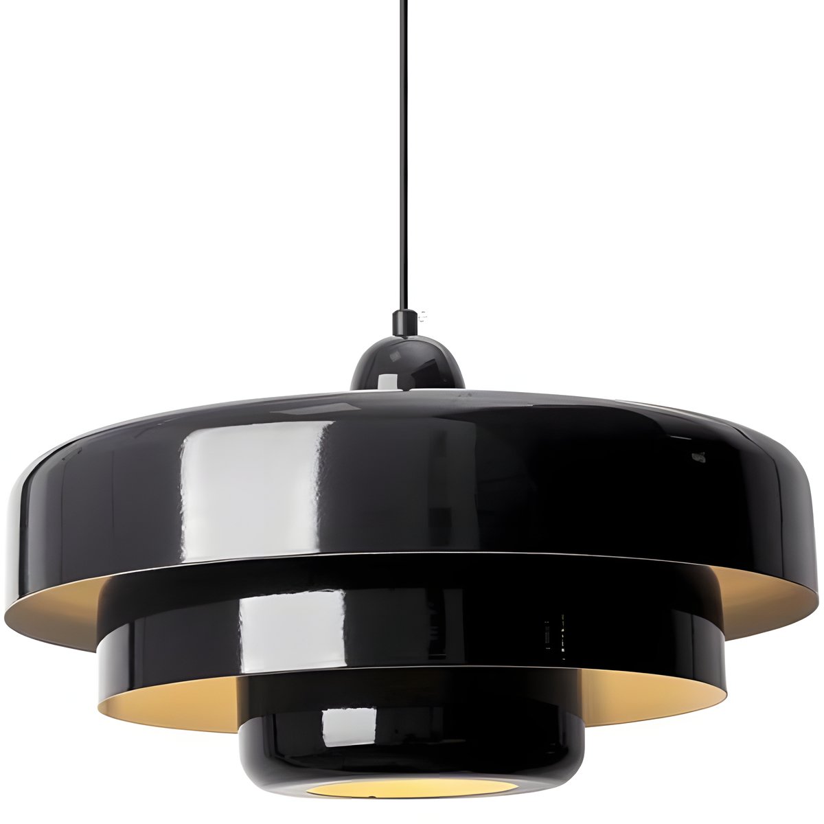 Black pendant light with gold interior on a white background