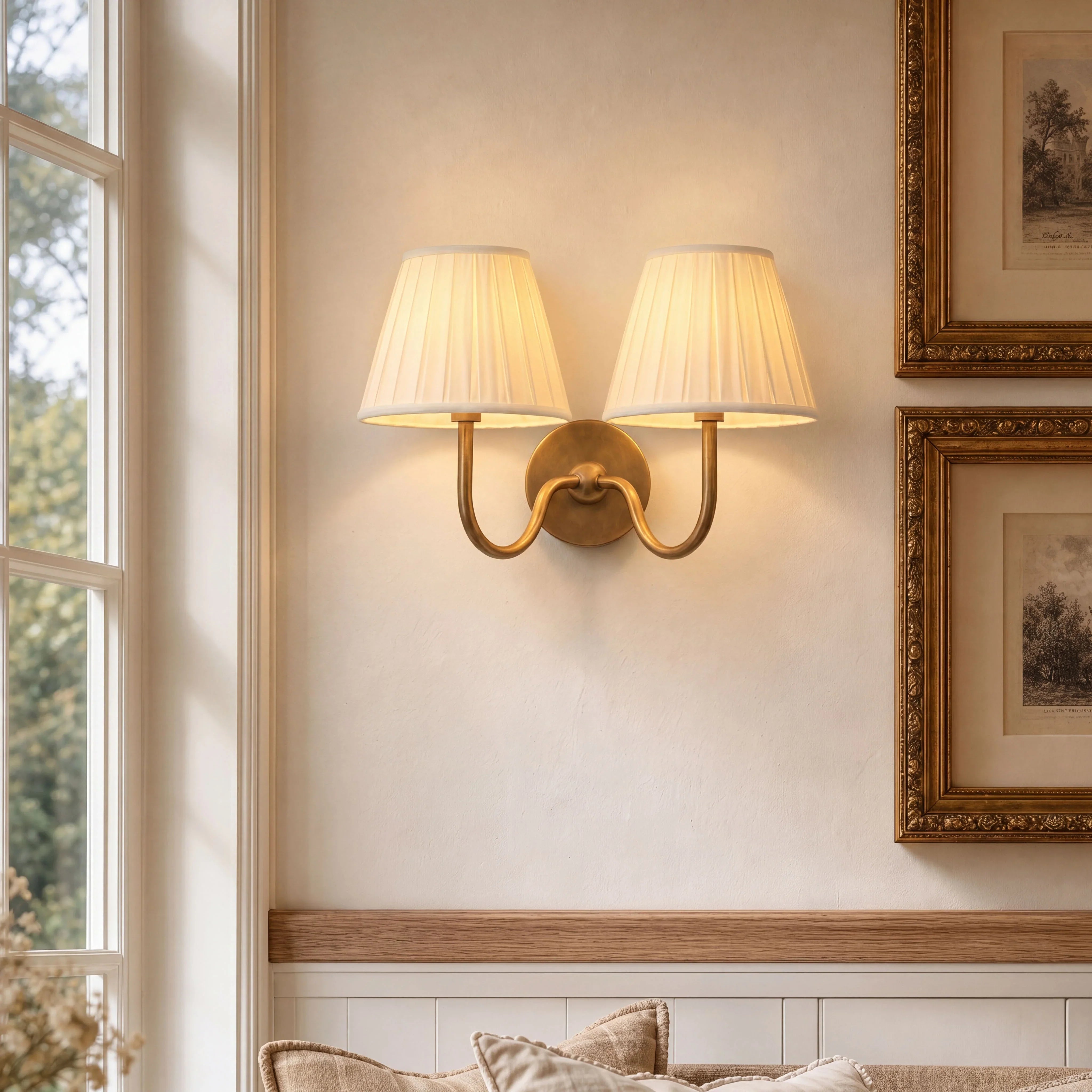 Wall-mounted lamp with pleated shades in a room with framed pictures and a window.