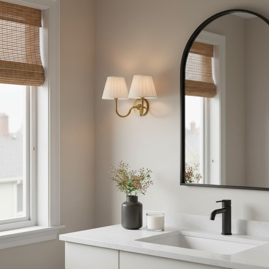 Modern bathroom with sink, mirror, and wall lights