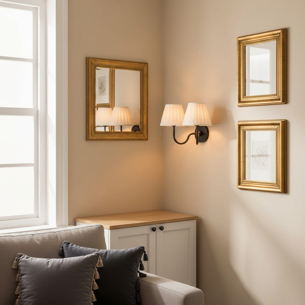 Decorative wall mirrors and lamp in a room with a sofa and cushions.