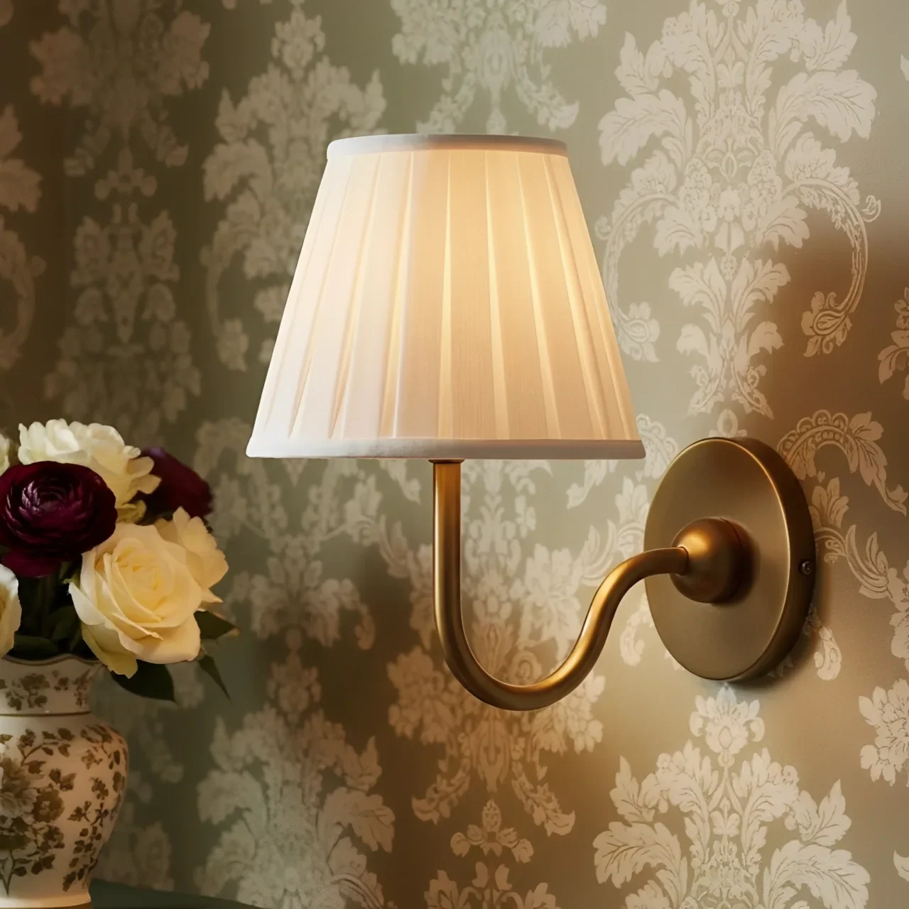 Wall-mounted lamp with pleated shade against decorative wallpaper