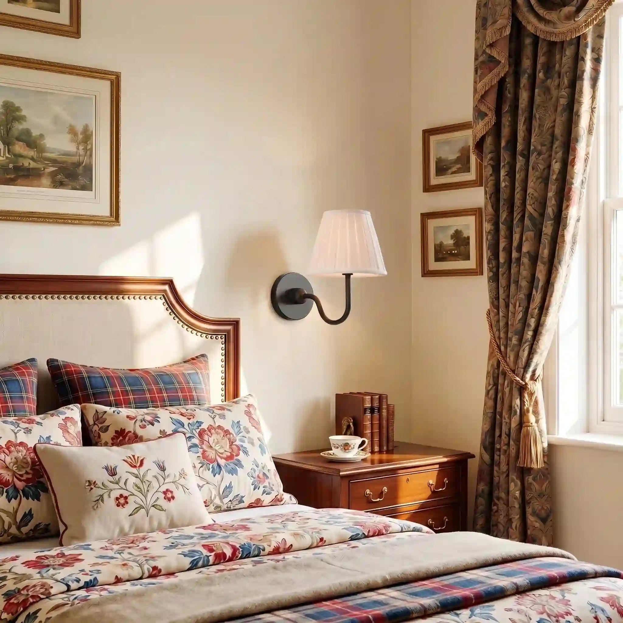 Decorative bedroom with floral bedding, pillows, and a lamp.