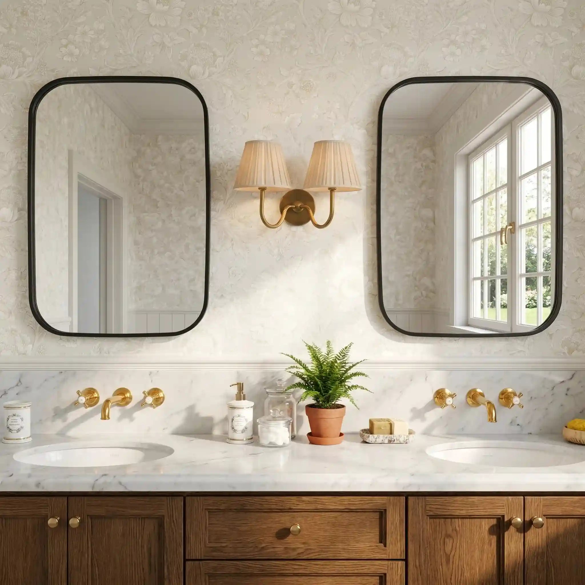 Bathroom with double vanity, mirrors, and decorative elements.