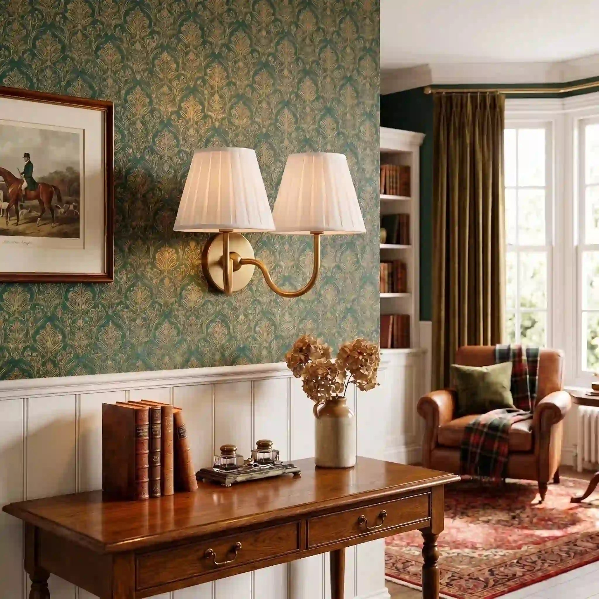 Cozy living room with patterned wallpaper, wooden furniture, and a window.