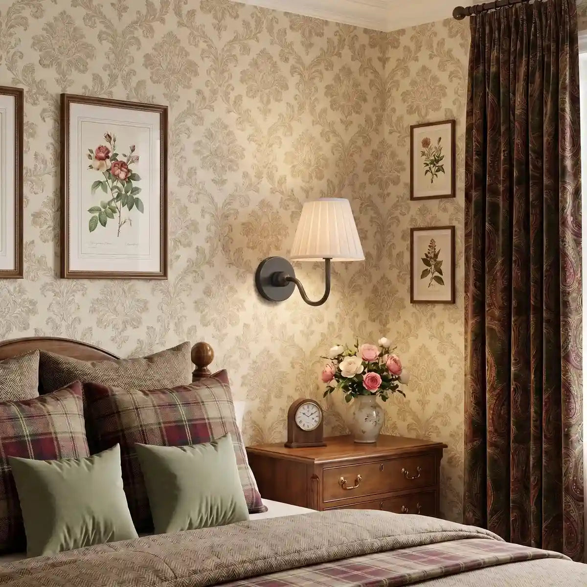 Cozy bedroom with floral wallpaper, bed with plaid and green pillows, and a nightstand with a clock and flowers.