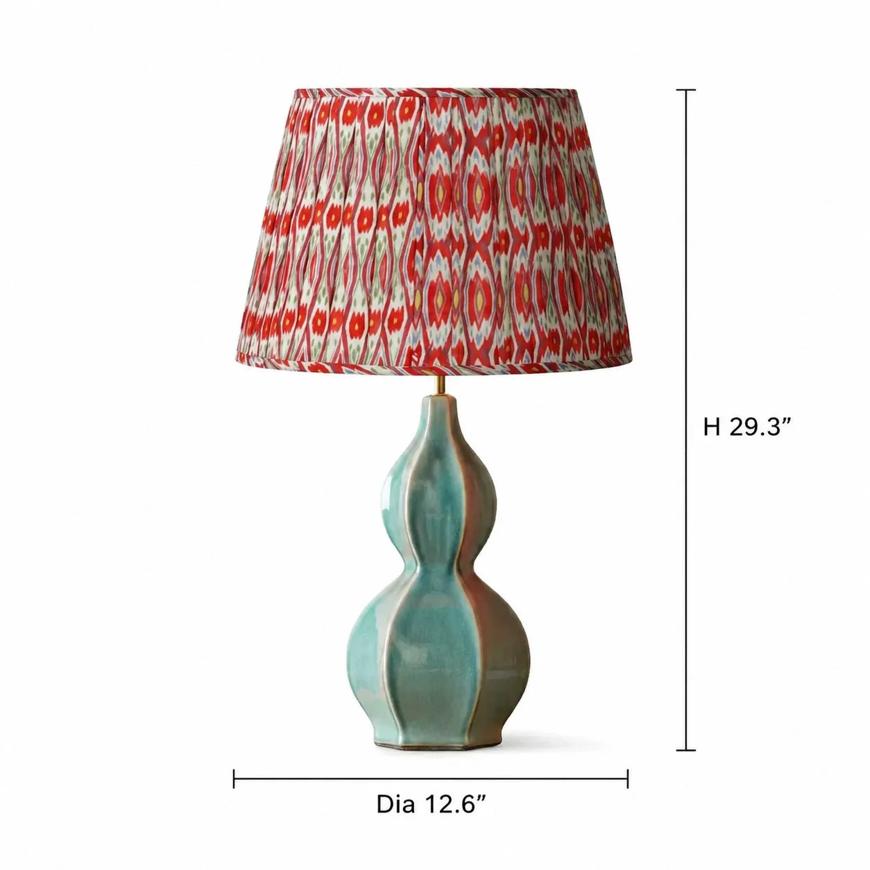 Decorative lamp with a patterned shade and measurements on a white background